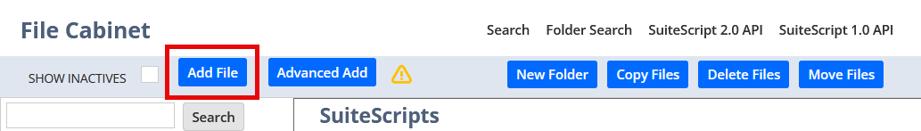 The File Cabinet SuiteScripts Folder Contents page with the Add File button highlighted.