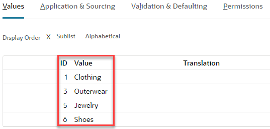 The Values tab with the ID column highlighted.