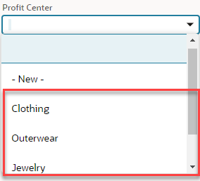 The Profit Center list field with list items highlighted.