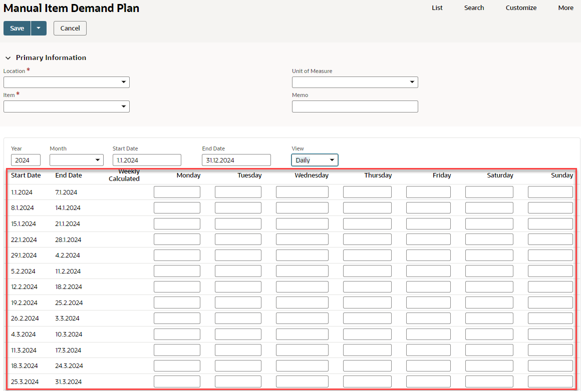 Daily Demand Plan section of the Demand Plan Detail Sublist page.