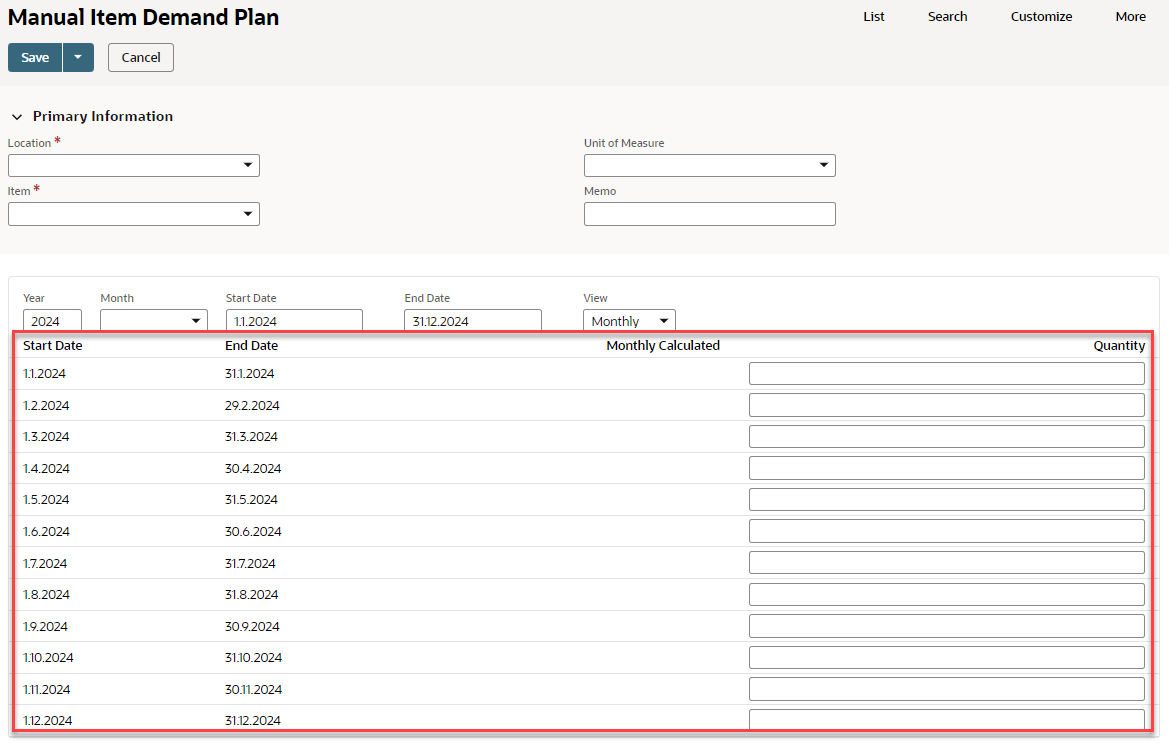 Monthly Demand Plan section of the Demand Plan Detail Sublist page.