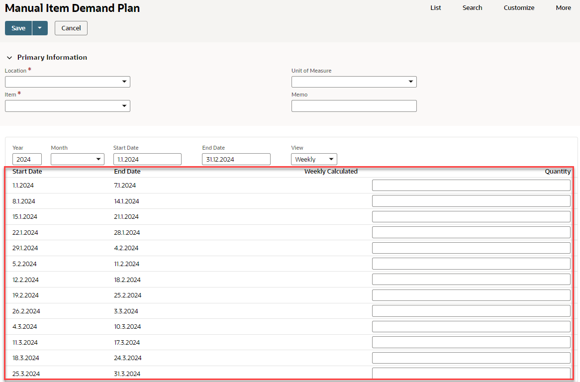 The Manual Item Demand Plan page with the weekly demand plan section highlighted.