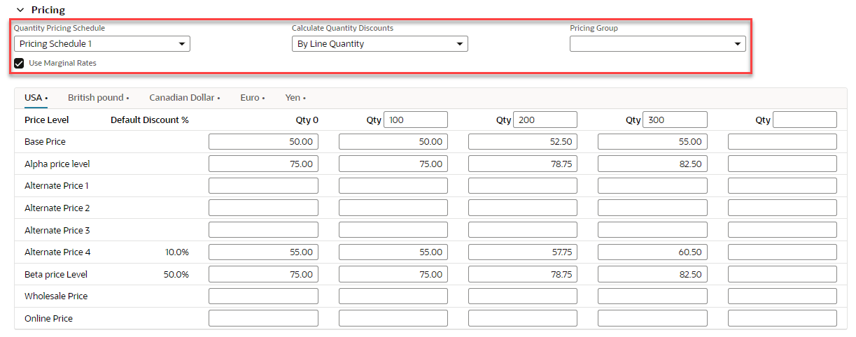 The Pricing sublist with the Quantity Pricing Schedule, Calculate Quantity Discounts, Pricing Group, and Use Marginal Rates fields highlighted.