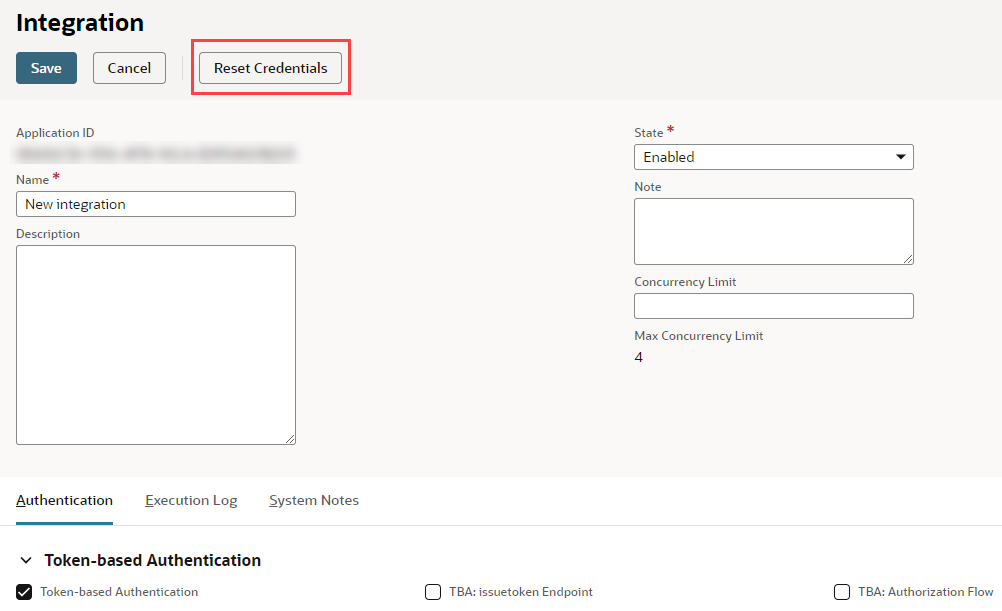 Reset Credentials button on an integration record