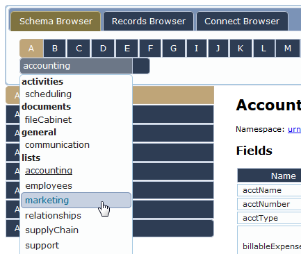 Objects in the namespace dropdown list of the Schema Browser.