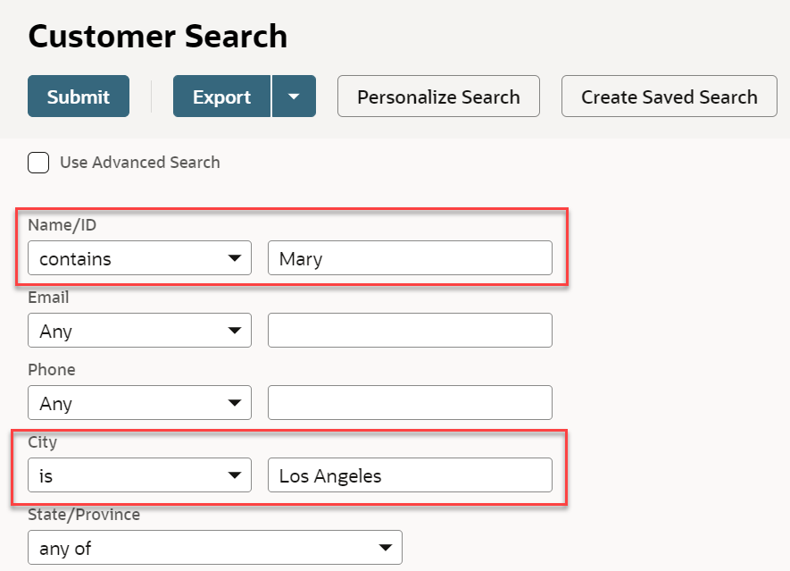 A basic customer search in the UI.