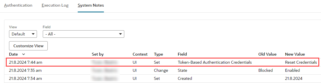 System notes showing a Reset Credentials action.