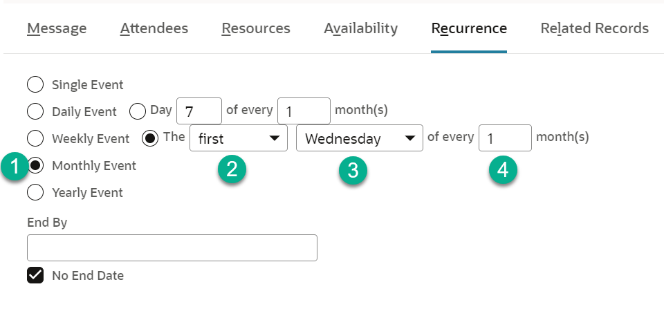 An example of setting the recurrence of an event.