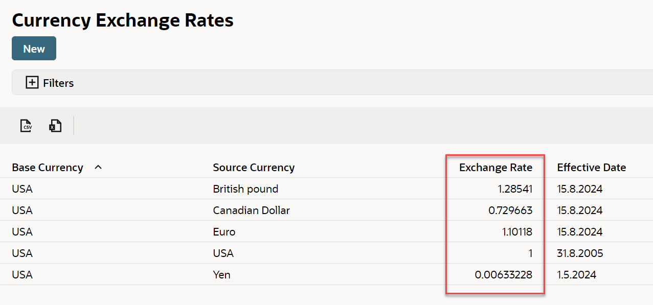 Table of currency exchange rates in the UI.