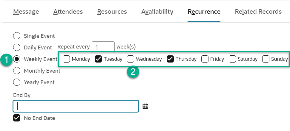 A weekly event with an advanced recurrence pattern.