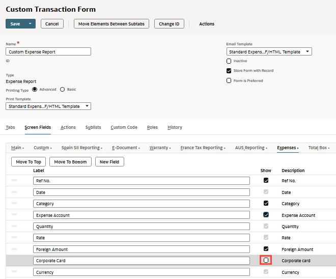 Advanced PDF/HTML Templates Custom Transaction Form page with the Corporate card box outlined in red on the Screen Fields > Expenses subtab.