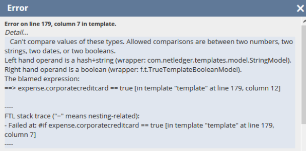 Advanced PDF/HTML Templates sample error message where the comparison of string with boolean is not valid.