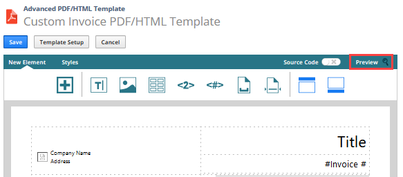 Sample template in WYSIWYG mode with the Preview option outlined in red.