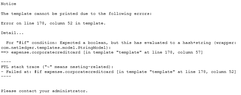 Advanced PDF/HTML Templates sample UI error message.