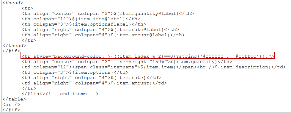 Advanced PDF/HTML Templates code example for adding color to even rows of a table.