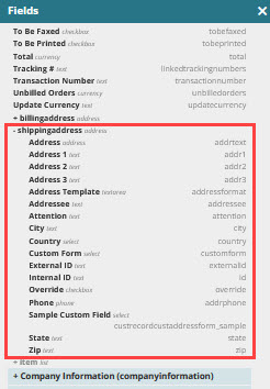 Advanced PDF/HTML Templates Fields list with shipping address fields outlined in red.