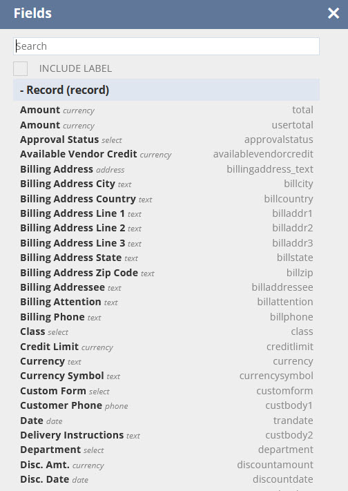 The list of available fields