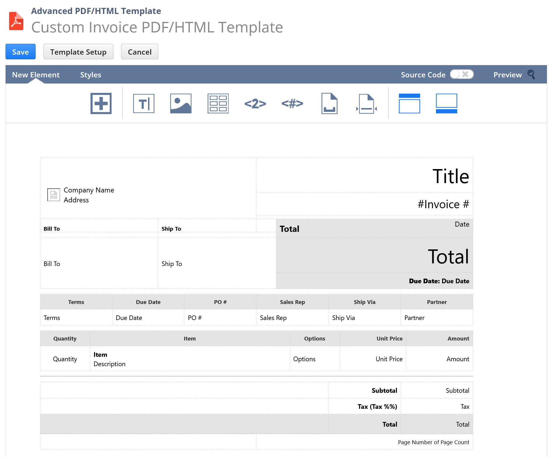 Sample advanced template in the Template Editor.