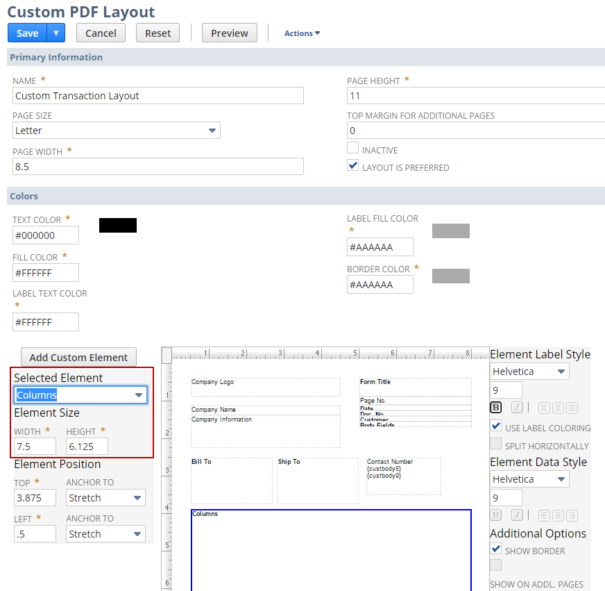 Sample Custom PDF Layout page with Selected Element settings outlined in red.