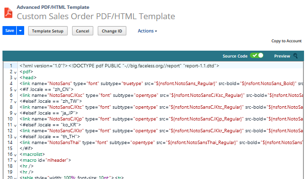 Advanced PDF/HTML Templates source code view sample.