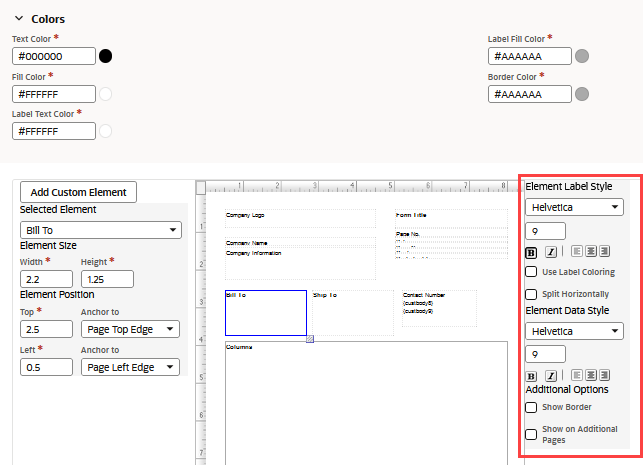 Sample PDF Template settings with Element Label Syle settings outlined in red.