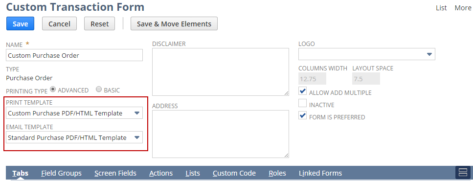 Custom Transaction Form page with Print Template and Email Template settings outlined in red.