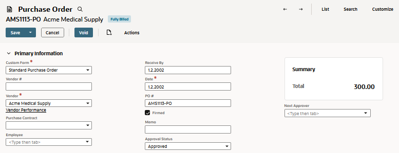 Sample Purchase Order page with the Custom Form field outlined in red.