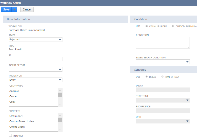 A portion of the Workflow Action page showing the Send Email action properties.