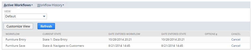 The Active Workflows subtab in Default view mode. The subtab shows an active workflow that is currently in State 1: Data Entry.