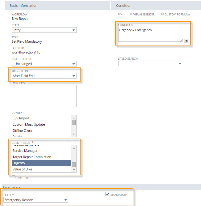 An example of a workflow where the Set Field Mandatory action is used to set the Emergency Reason field to mandatory if conditions are met.