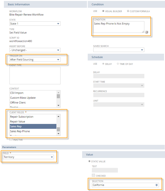 A portion of the workflow definition page showing a Set Field Value action that executes on the After Field Sourcing trigger.