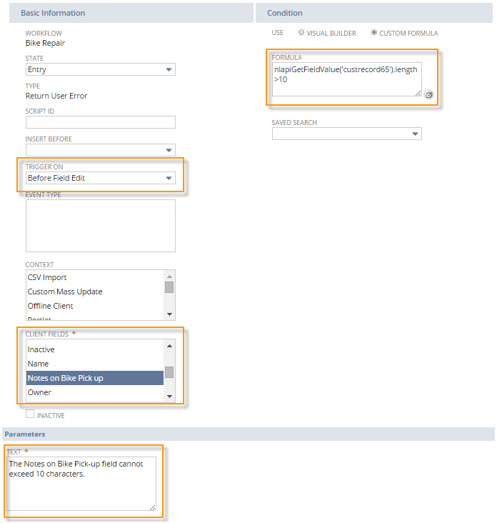 An example of the workflow definition page that shows a Return User Error action that is being used to validate the value of the Notes on Bike Pick-up field.