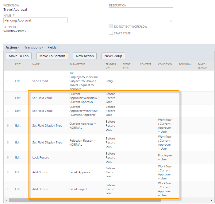 A screenshot showing example actions set to execute on the Before Record Load and Entry triggers.