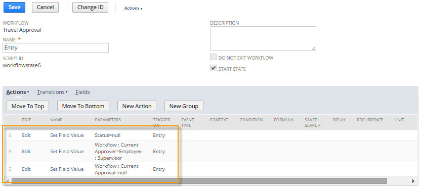 A screenshot showing the workflow definition and entry state for a workflow that initiates after a user clicks Save.