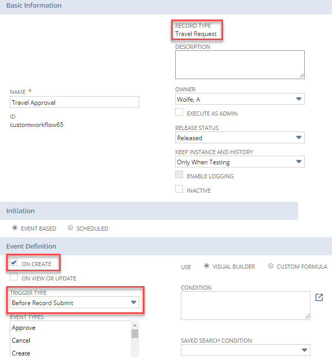 A screenshot showing the workflow definition and entry state for a workflow that initiates after a user clicks Save.