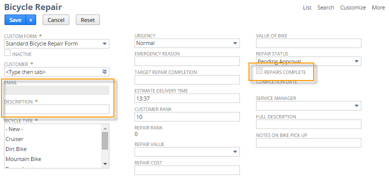 An example of a customized record form, with the Email, Description, and Repairs Complete fields highlighted.