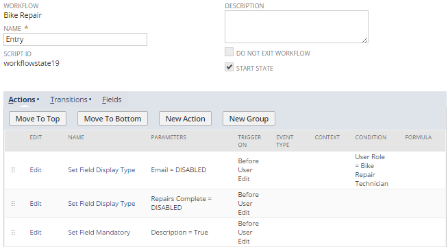 A screenshot showing an example of a workflow state with actions set to execute on the Before User Edit trigger.