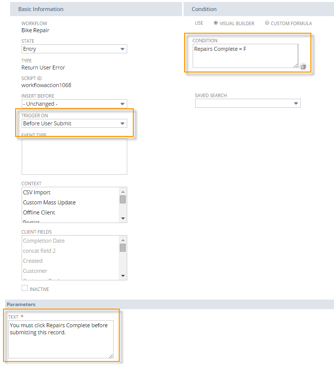 A portion of the workflow definition page showing a Return User Error action that is triggered by the Before User Submit trigger.