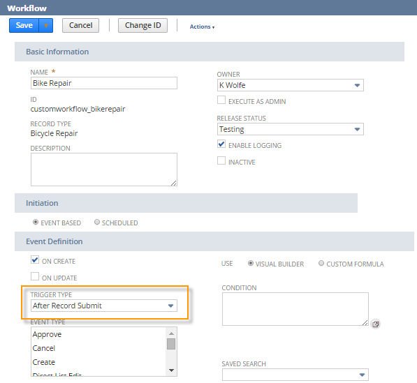 A portion of the workflow definition page showing the settings in the Basic Information, Initiation, and Event Definition sections. The Trigger Type field is highlighted with the After Record Submit trigger type selected.