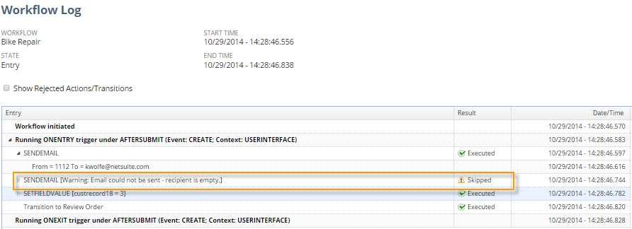 A portion of the workflow execution log for a Bike Repair workflow that executed on a custom record and entered a state called Entry on an After Record Submit trigger.