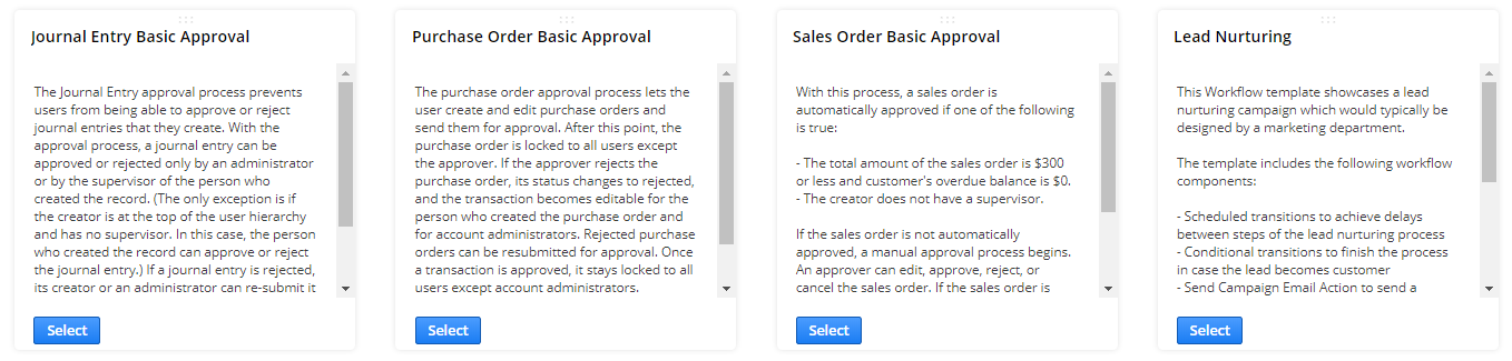 A screenshot of the available workflow templates, including the template definitions and the Select buttons.