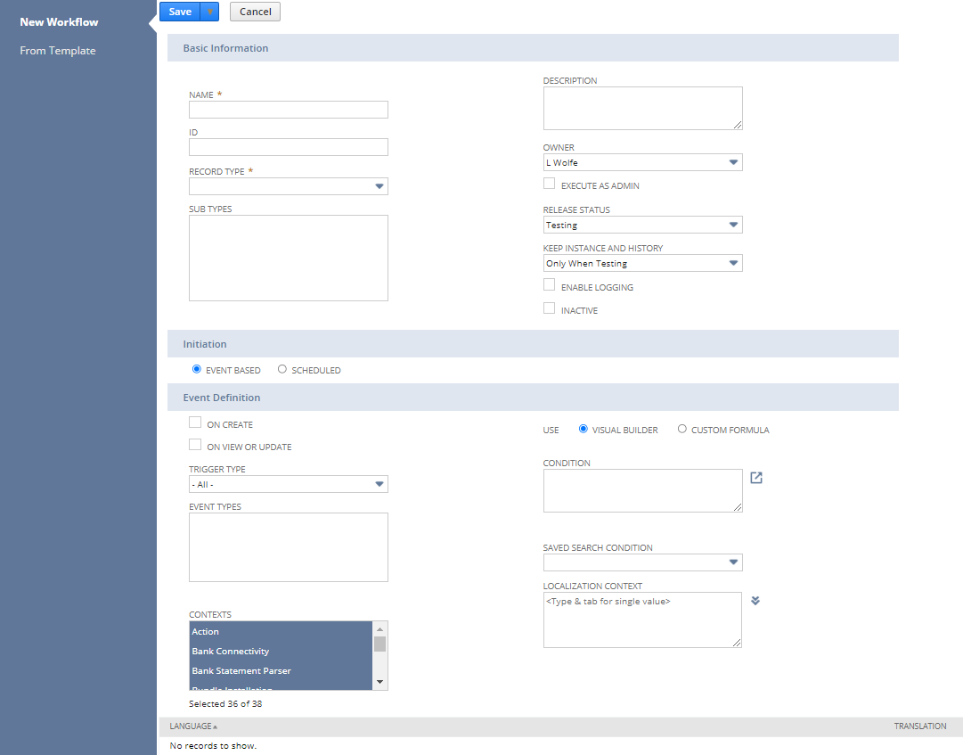 The workflow definition page showing the default settings