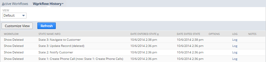 The Workflow History subtab in Default view mode. In addition to other information, the Workflow History subtab lists deleted and renamed states.