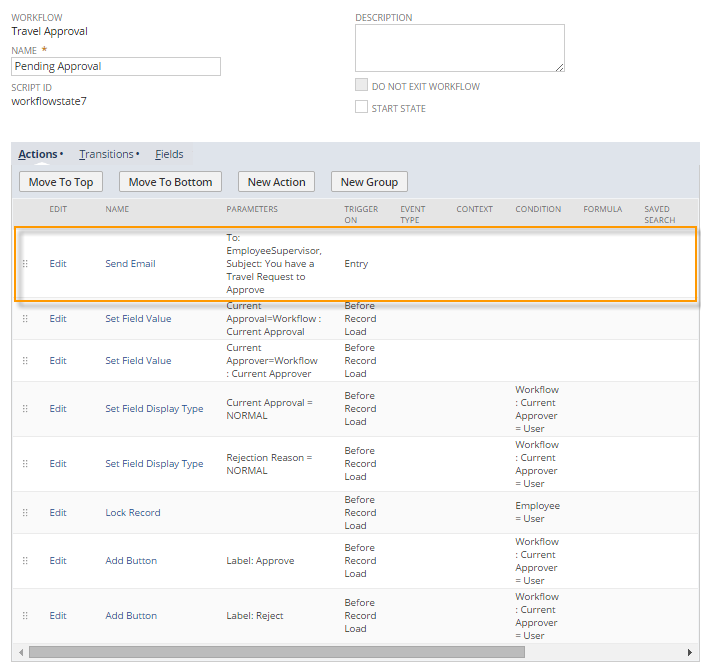 An example of a workflow that includes actions set to execute on the Entry and Before Record Load triggers.