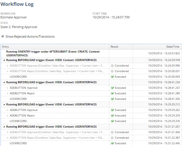 A portion of the workflow execution log for the State 2 Pending Approval State.