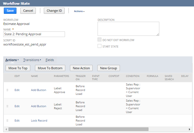 A portion of the workflow execution log showing the configuration details for the State 2 Pending Approval state in the workflow.