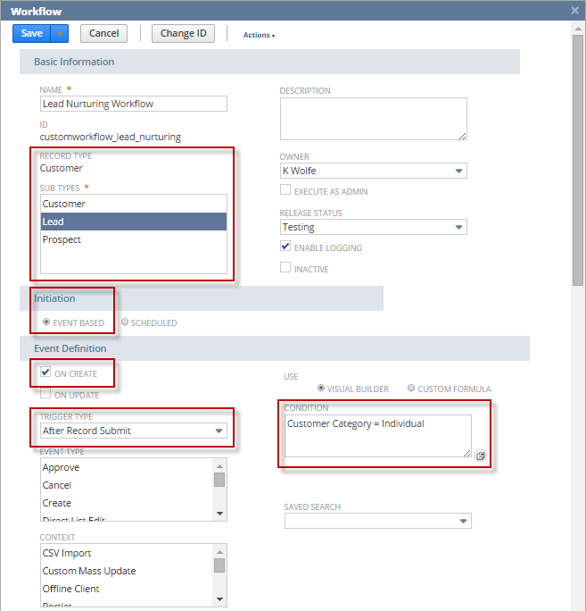 A sample workflow depicting the lead nurturing workflow, with the Record Type, Initation, and Event Definition settings highlighted.