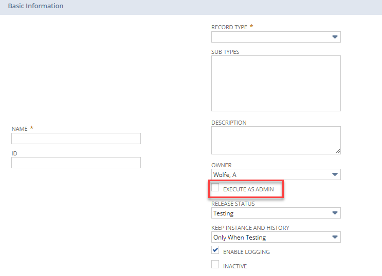 A portion of the workflow definition page with the Execute As Admin checkbox highlighted.