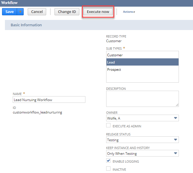 A portion of the workflow definition page with the Execute now button highlighted.