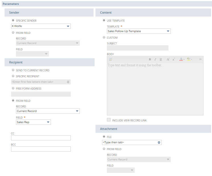 A portion of the Parameters section of the New Action window.